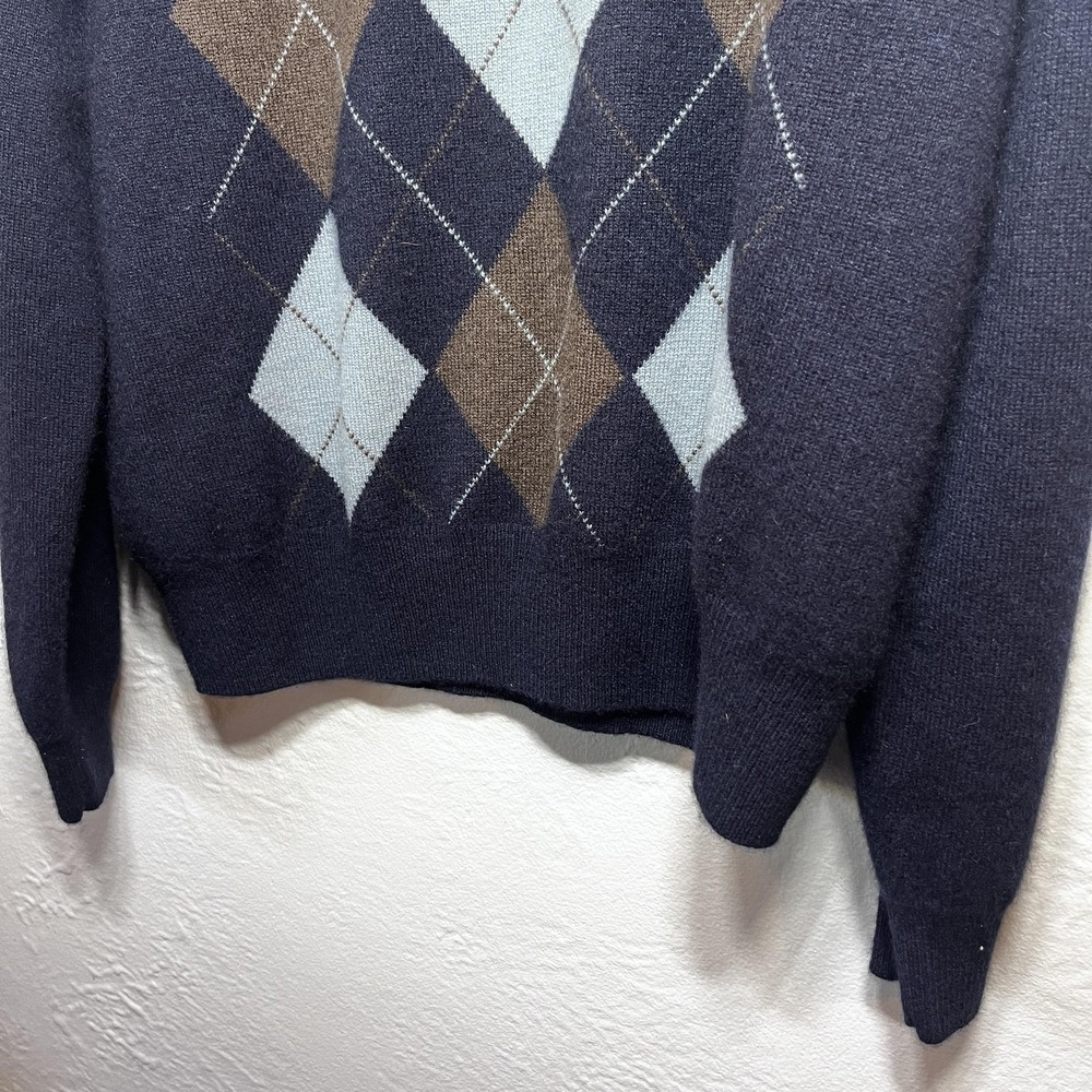 Giasone Sweater Mens Large Navy Argyle 100% Cashmere V Neck Preppy Academia - Picture 3 of 8